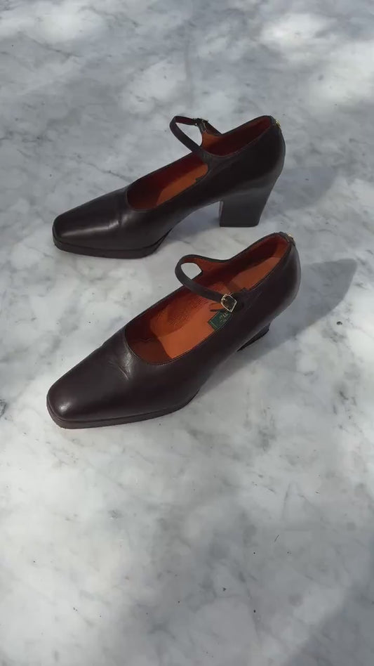 Vintage El Caballo dark brown leather Mary Jane heels, 8 cm block heel shoes, made in Spain, 36 size, classic retro leather pumps