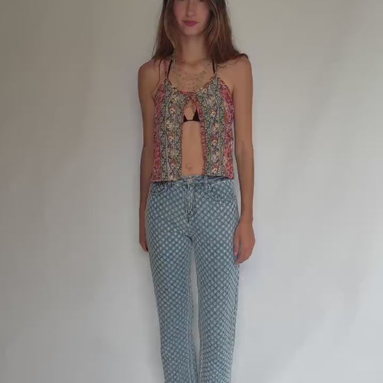 See See Paris textured denim jeans – light wash cotton blend with floral eyelet design, comfy everyday fit, straight leg, size M