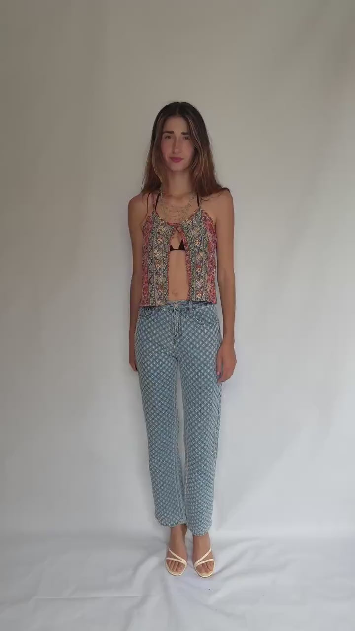 See See Paris textured denim jeans – light wash cotton blend with floral eyelet design, comfy everyday fit, straight leg, size M