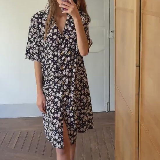 Vintage handmade floral blue dress, Flower print housewife dress, Retro 80s woman dress