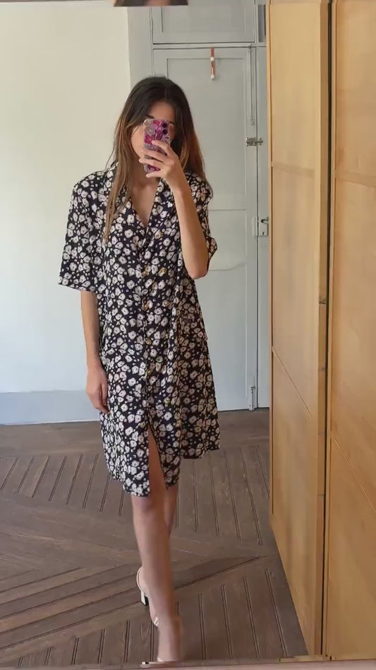 Vintage handmade floral blue dress, Flower print housewife dress, Retro 80s woman dress