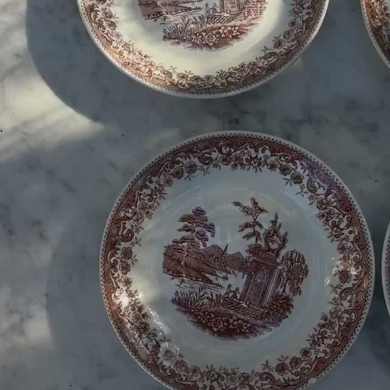 Set of 4 vintage hand engraved Old England saucers,  Royal China Vigo small plates, Vintage Spanish brown and white small plates