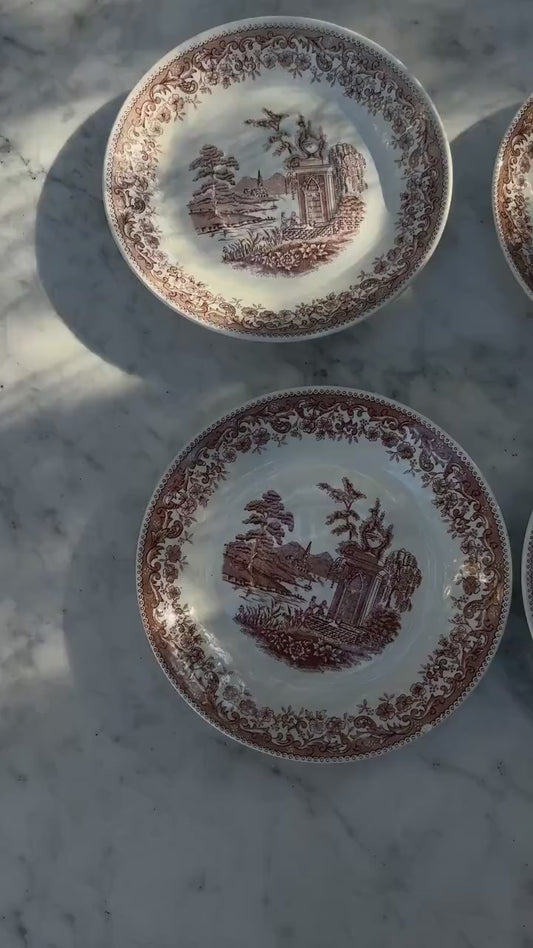 Set of 4 vintage hand engraved Old England saucers,  Royal China Vigo small plates, Vintage Spanish brown and white small plates