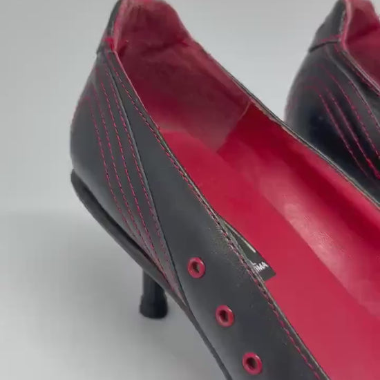Rare Y2K pointed toe heels – black red oxford style – real leather – size EU38 – made in Spain – retro lace up kitten heels