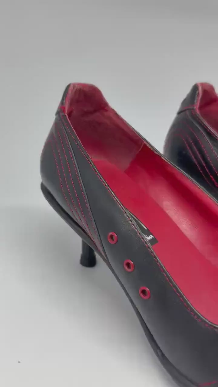 Rare Y2K pointed toe heels – black red oxford style – real leather – size EU38 – made in Spain – retro lace up kitten heels