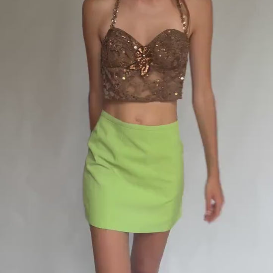 Handmade bronze sequin bustier top – floral lace mesh crop with embellished straps & flower detail – vintage party corset