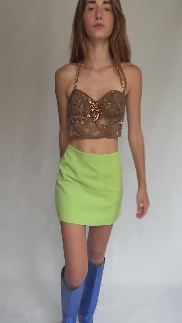 Handmade bronze sequin bustier top – floral lace mesh crop with embellished straps & flower detail – vintage party corset