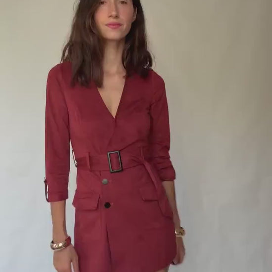 Morgan deep red romper, cotton feel, tailored fit, v, neck, fabric belt, front flap pockets, elegant, US XS, party evening wear