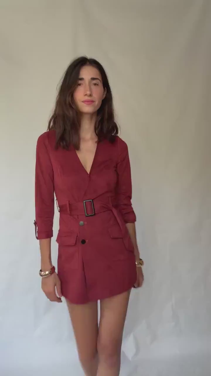 Morgan deep red romper, cotton feel, tailored fit, v, neck, fabric belt, front flap pockets, elegant, US XS, party evening wear