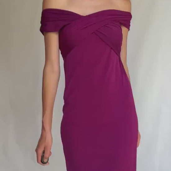 Off-shoulder magenta dress with back bow by Panambi, made in Spain, elegant stretch party dress, new with tags, size 38