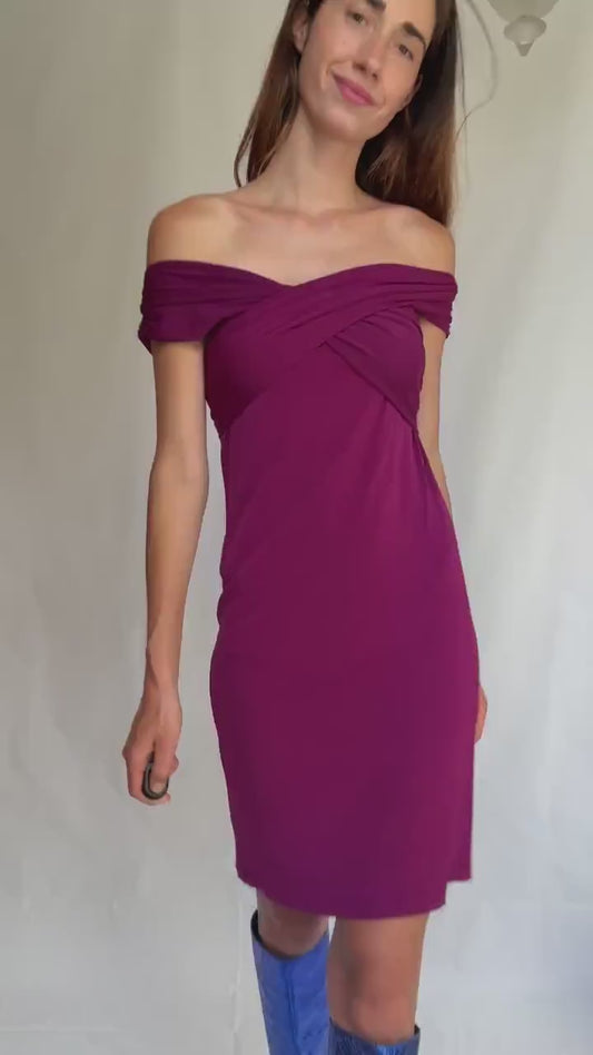 Off-shoulder magenta dress with back bow by Panambi, made in Spain, elegant stretch party dress, new with tags, size 38