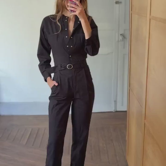 Black cotton jumpsuit, Massimo Dutti, tailored summer one-piece, snap button front, belted waist, size XS, utility chic style