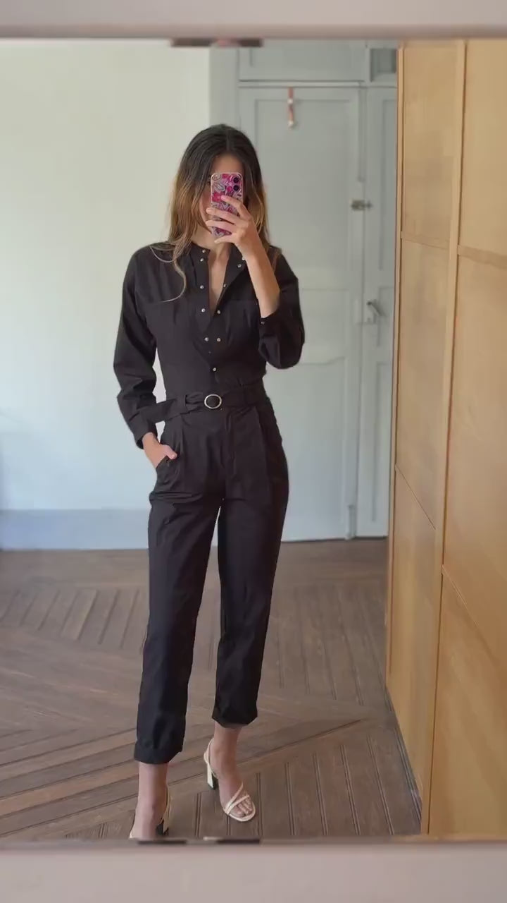 Black cotton jumpsuit, Massimo Dutti, tailored summer one-piece, snap button front, belted waist, size XS, utility chic style