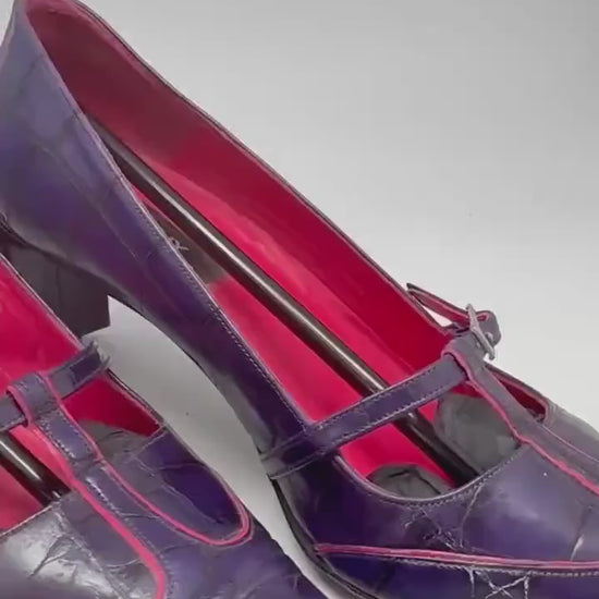 DKNY T-strap vintage heels – shiny orchid real leather – size 7.5 – made in Spain – Y2K designer shoes – retro pointed toe – 7cm heel