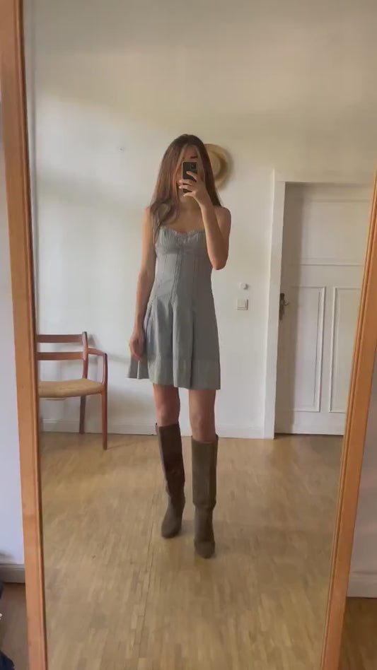 Sportmax Code vintage blue and white summer dress, Designer mini dress, Elegant sweetheart dress, Pleated dress, S