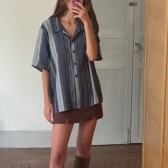 Vintage Aaron Design striped blue shirt made in England,  unisex boxy fit retro button up, Groovy 80s - 90s fashion, Size L