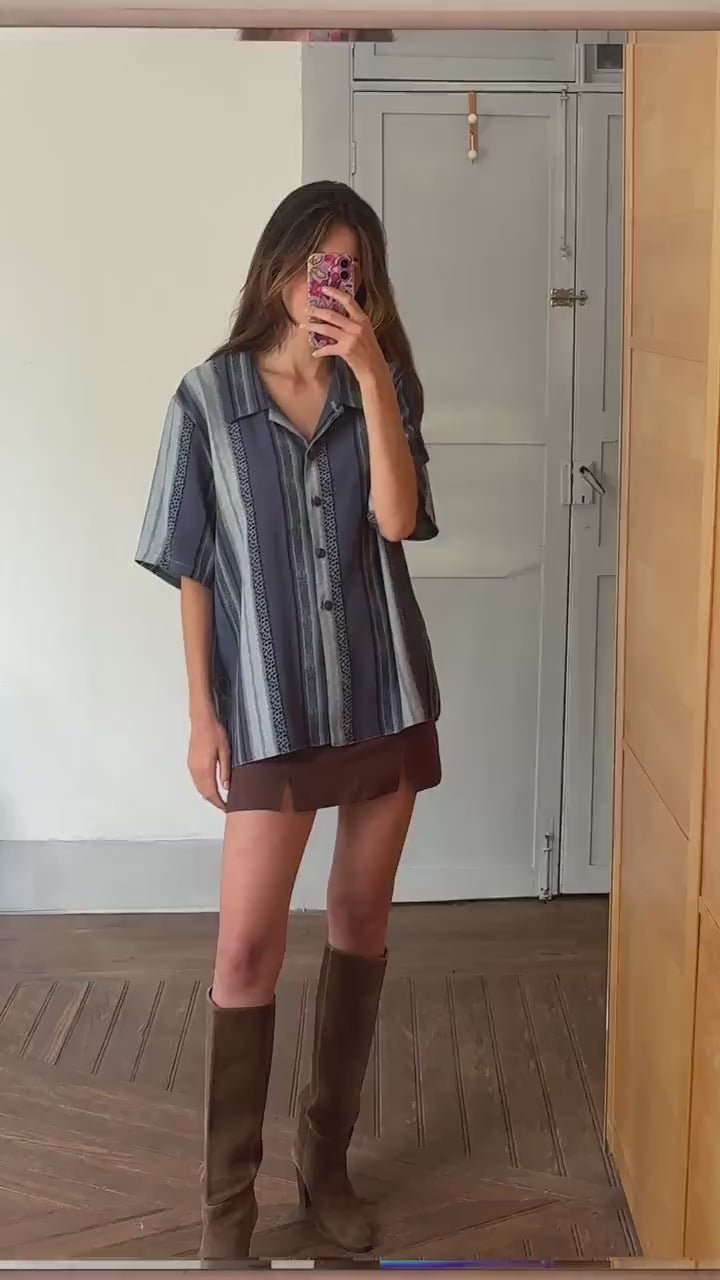 Vintage Aaron Design striped blue shirt made in England,  unisex boxy fit retro button up, Groovy 80s - 90s fashion, Size L