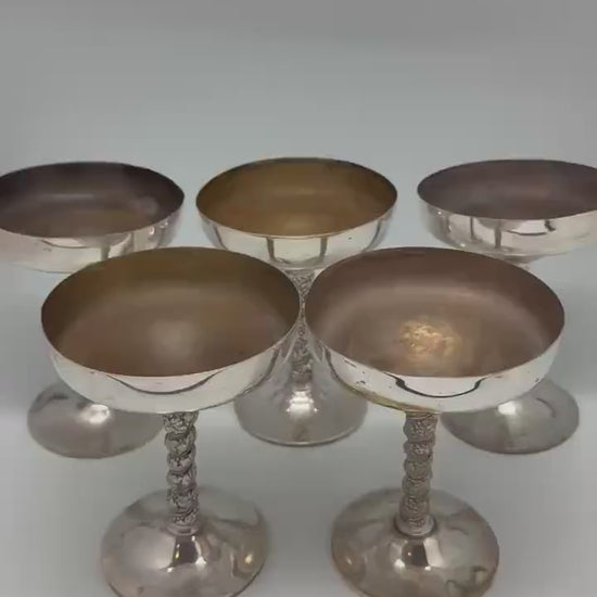 Vintage Silver Plated Brass Goblets – Set of 5 Champagne Coupes with Ornate Stems, Mid Century Barware, 14cm Tall