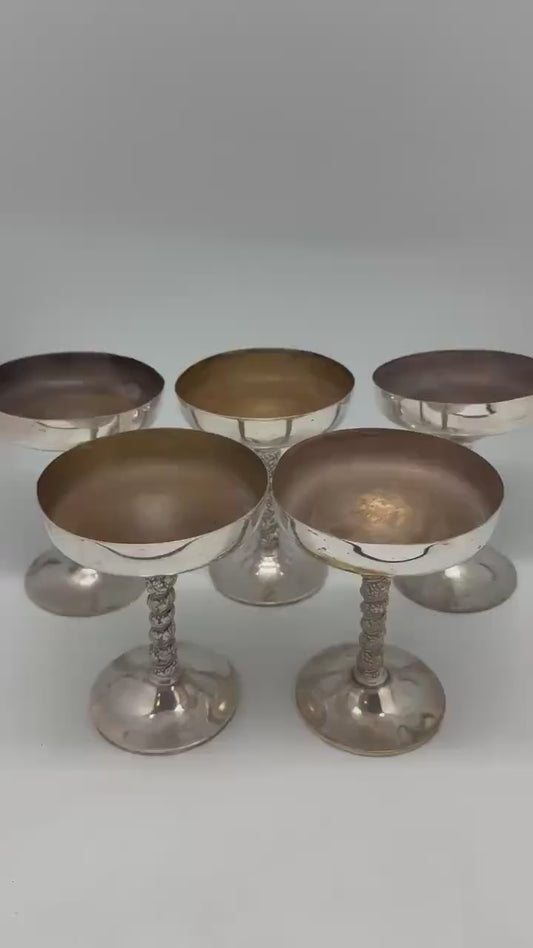 Vintage Silver Plated Brass Goblets – Set of 5 Champagne Coupes with Ornate Stems, Mid Century Barware, 14cm Tall