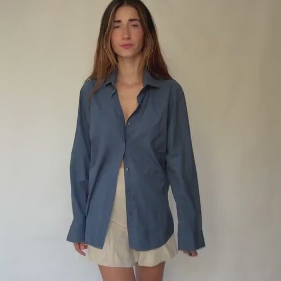 Hugo Boss navy button-up shirt in crisp cotton, unisex boyish fit, structured menswear style, fits like US M men / XL women