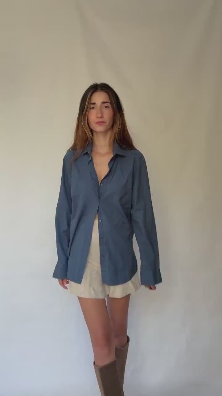 Hugo Boss navy button-up shirt in crisp cotton, unisex boyish fit, structured menswear style, fits like US M men / XL women