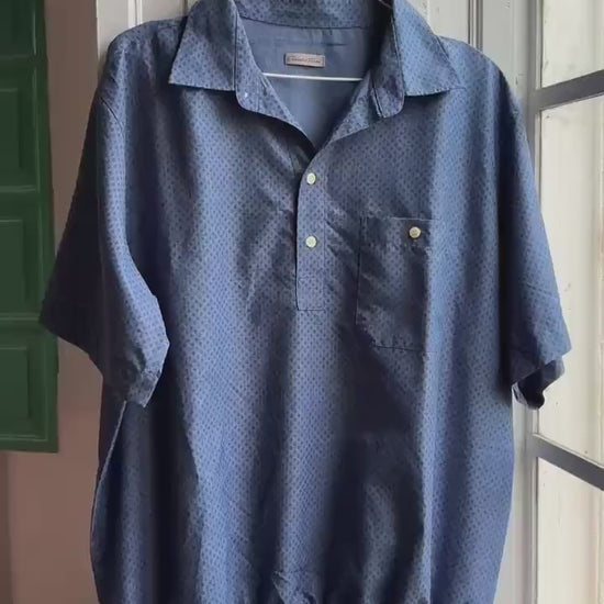 Vintage Emidio Tucci Blue Polo Shirt, Mens Retro Pattern button up, Lightweight Branded  Summer Top, XL