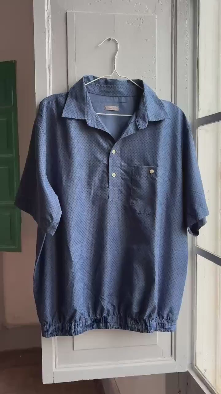 Vintage Emidio Tucci Blue Polo Shirt, Mens Retro Pattern button up, Lightweight Branded  Summer Top, XL