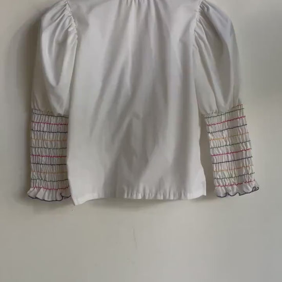 Hungarian Folk Blouse Vintage Puff Sleeve Top with Striped Embroidery, Romantic Cottagecore Vyshyvanka Ukrainian Embroidered Shirt