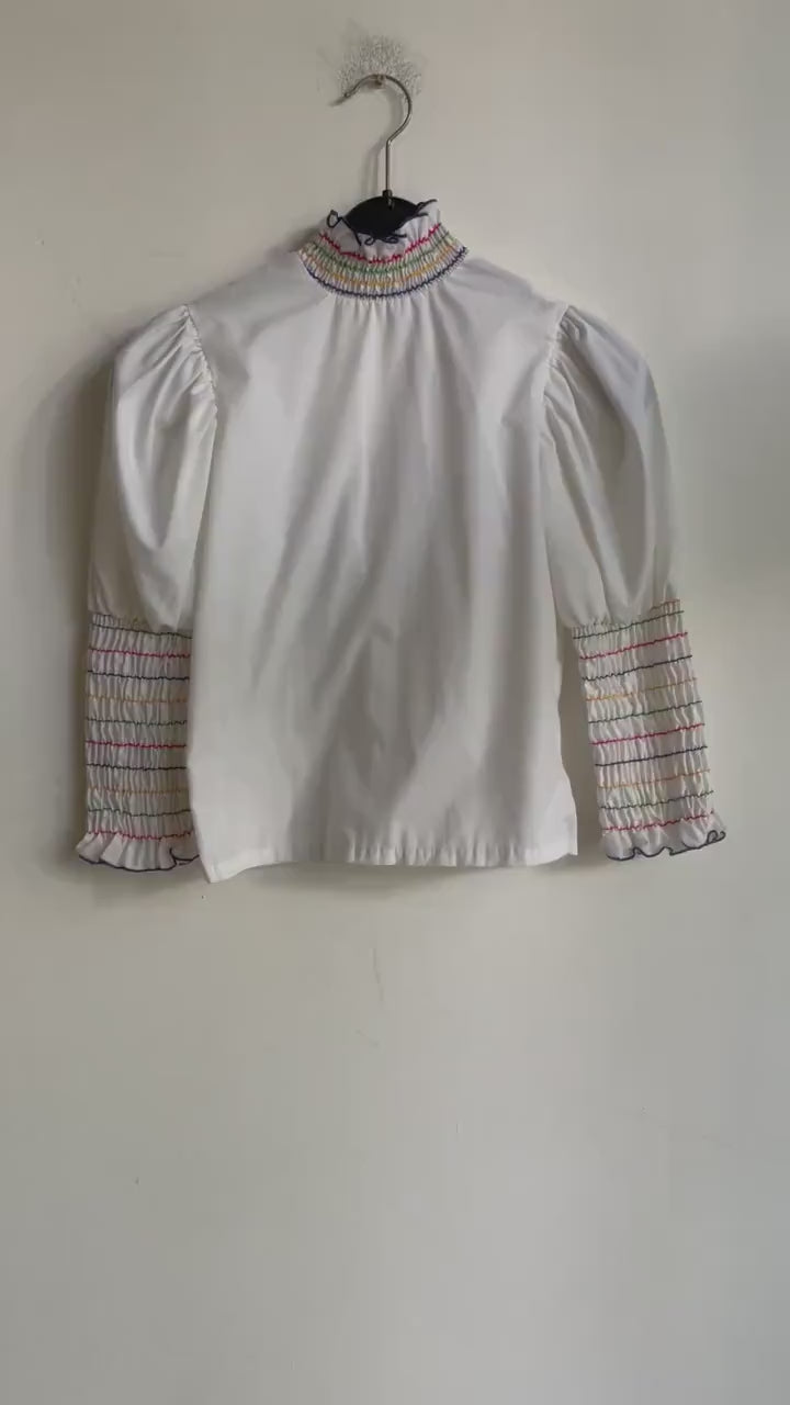 Hungarian Folk Blouse Vintage Puff Sleeve Top with Striped Embroidery, Romantic Cottagecore Vyshyvanka Ukrainian Embroidered Shirt