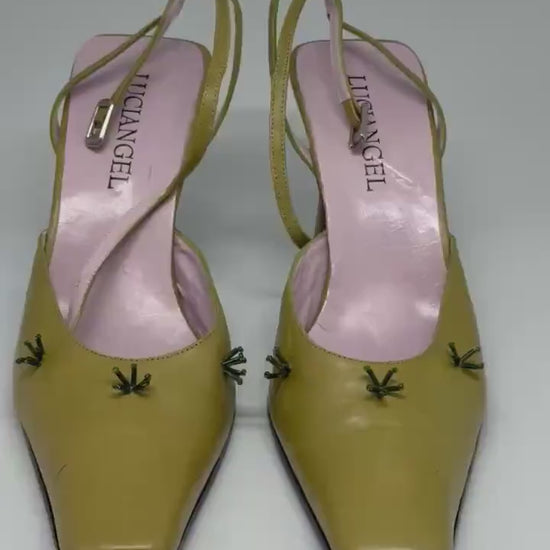 Damaged - Y2K vintage slingback heels – lime green leather – Luciangel Spain – size EU40 – 8cm heel – real leather square toe shoes
