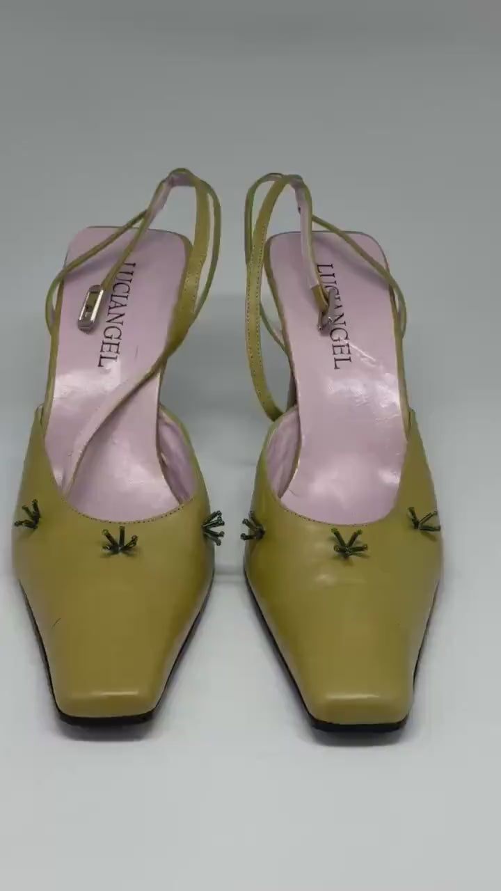 Damaged - Y2K vintage slingback heels – lime green leather – Luciangel Spain – size EU40 – 8cm heel – real leather square toe shoes