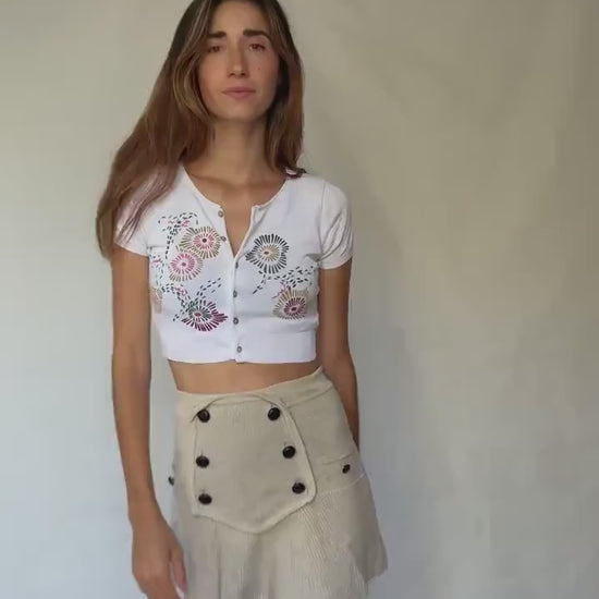 Vintage Adolfo Dominguez cropped floral cotton cardigan with mother of pearl buttons, XS fit, colorful Y2K summer knit aesthetic