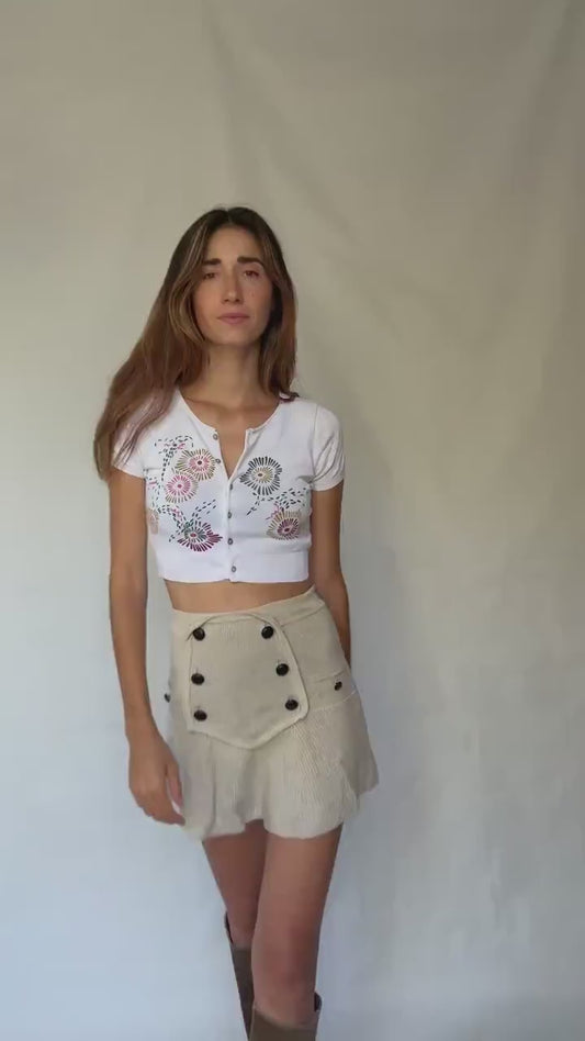 Vintage Adolfo Dominguez cropped floral cotton cardigan with mother of pearl buttons, XS fit, colorful Y2K summer knit aesthetic