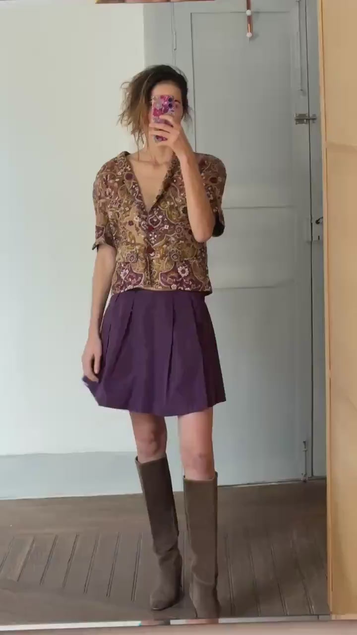 Vintage Miu Miu Purple Pleated Mini Skirt, Made in Italy Designer School Girl Skirt, Stylish Retro Aesthetic Cotton Blend 37cm Waist