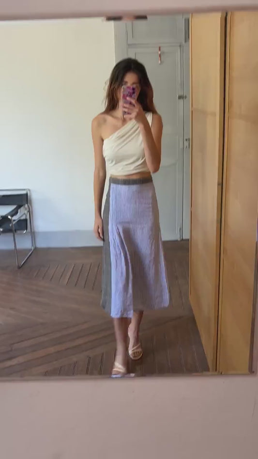 Vintage Black Velvet Circus Wool Linen Midi Skirt, Blue Striped Panel Skirt, Summer High Waist Skirt, Size S