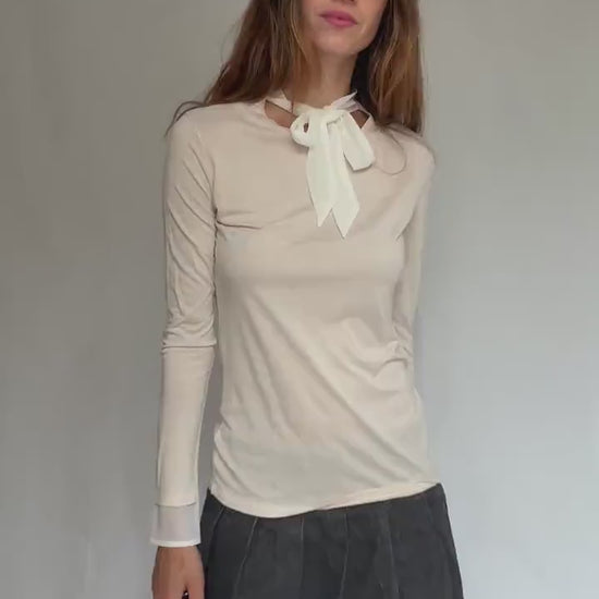 Soft Girl Dream Tie-Neck Tee | Sisley Modal Cotton Long Sleeve | Coquette Balletcore Layer | Size S
