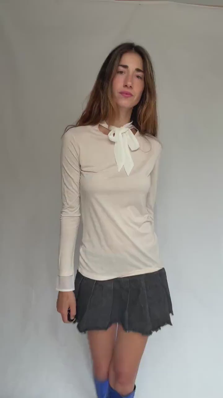 Soft Girl Dream Tie-Neck Tee | Sisley Modal Cotton Long Sleeve | Coquette Balletcore Layer | Size S