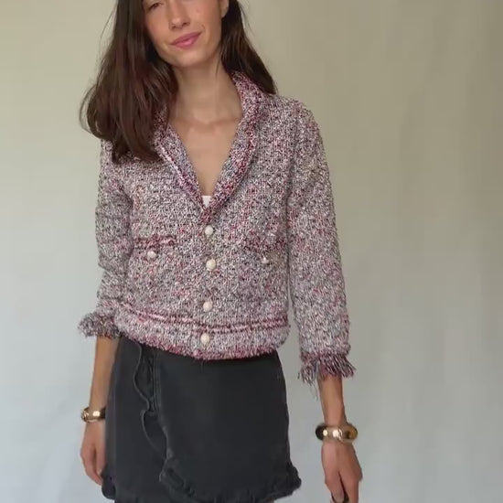 Multicolor tweed pearl button jacket, Size S | Parisian chic cropped blazer style, Jackie Kennedy aesthetic, preppy fashion
