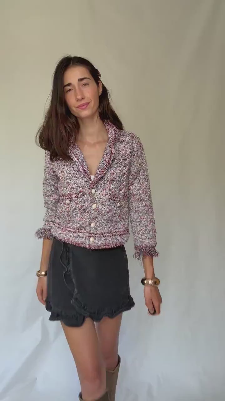 Multicolor tweed pearl button jacket, Size S | Parisian chic cropped blazer style, Jackie Kennedy aesthetic, preppy fashion