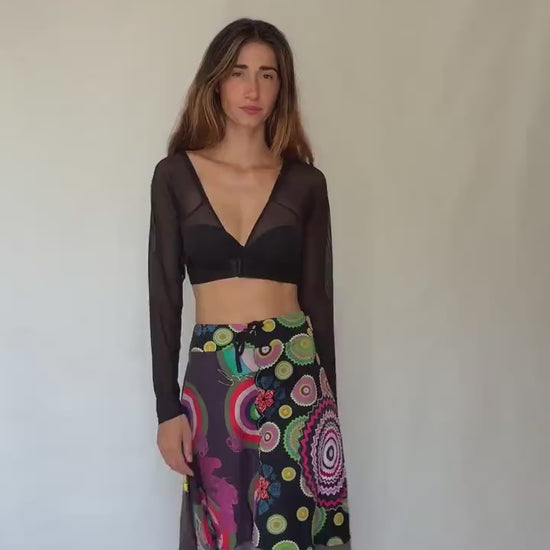 Desigual black rainbow patchwork skirt, Size XL cotton artsy layered boho midi fit, drawstring waist summer skirt, colorful festival wear