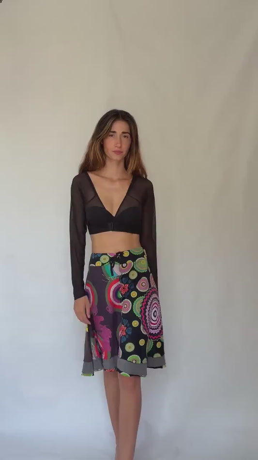 Desigual black rainbow patchwork skirt, Size XL cotton artsy layered boho midi fit, drawstring waist summer skirt, colorful festival wear