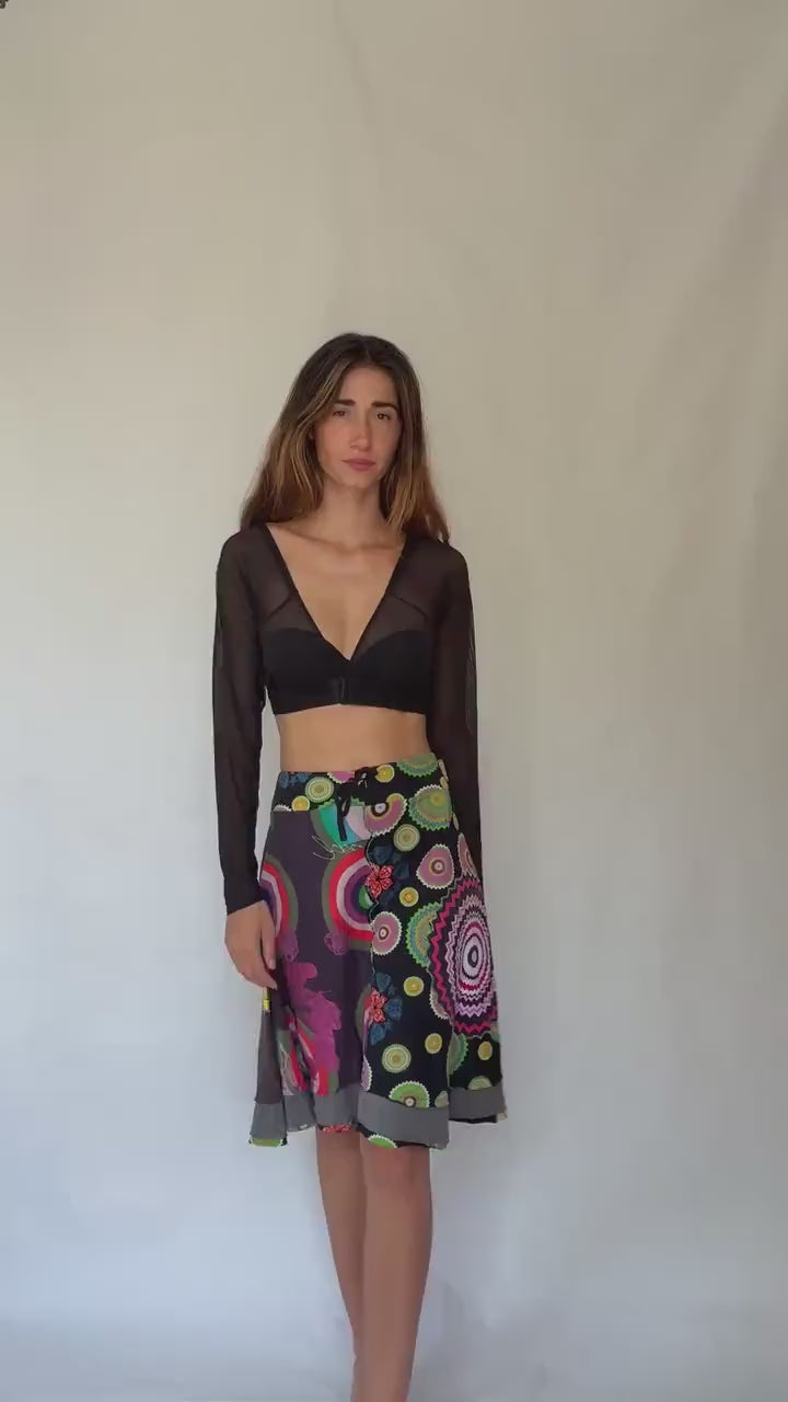 Desigual black rainbow patchwork skirt, Size XL cotton artsy layered boho midi fit, drawstring waist summer skirt, colorful festival wear