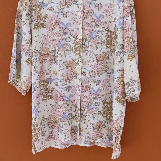 Vintage Floral Blouse,  Retro 70s Shirt, Short Sleeve summer Button Up Top