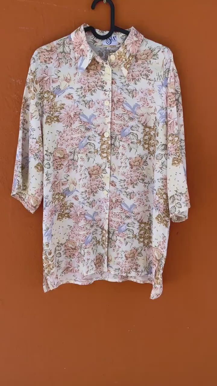Vintage Floral Blouse,  Retro 70s Shirt, Short Sleeve summer Button Up Top