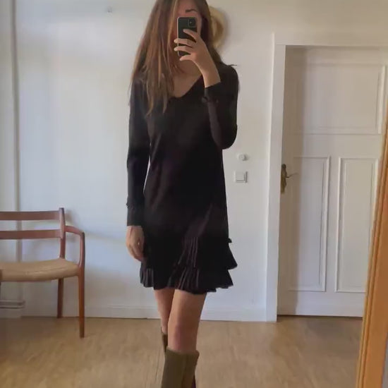 Vintage black ruffle dress with long sleeves, Mini summer dress,