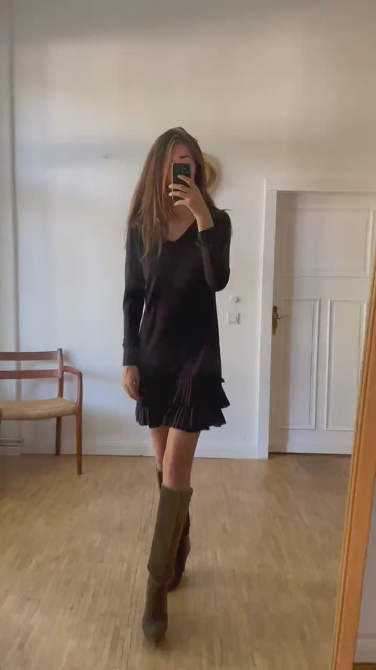 Vintage black ruffle dress with long sleeves, Mini summer dress,