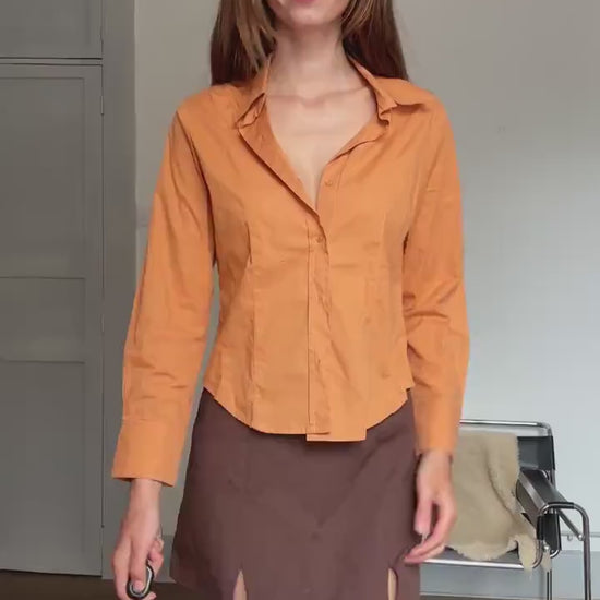 Y2K vintage orange button-down shirt – cotton stretch long sleeve top with tie front styling option (fits S-M)