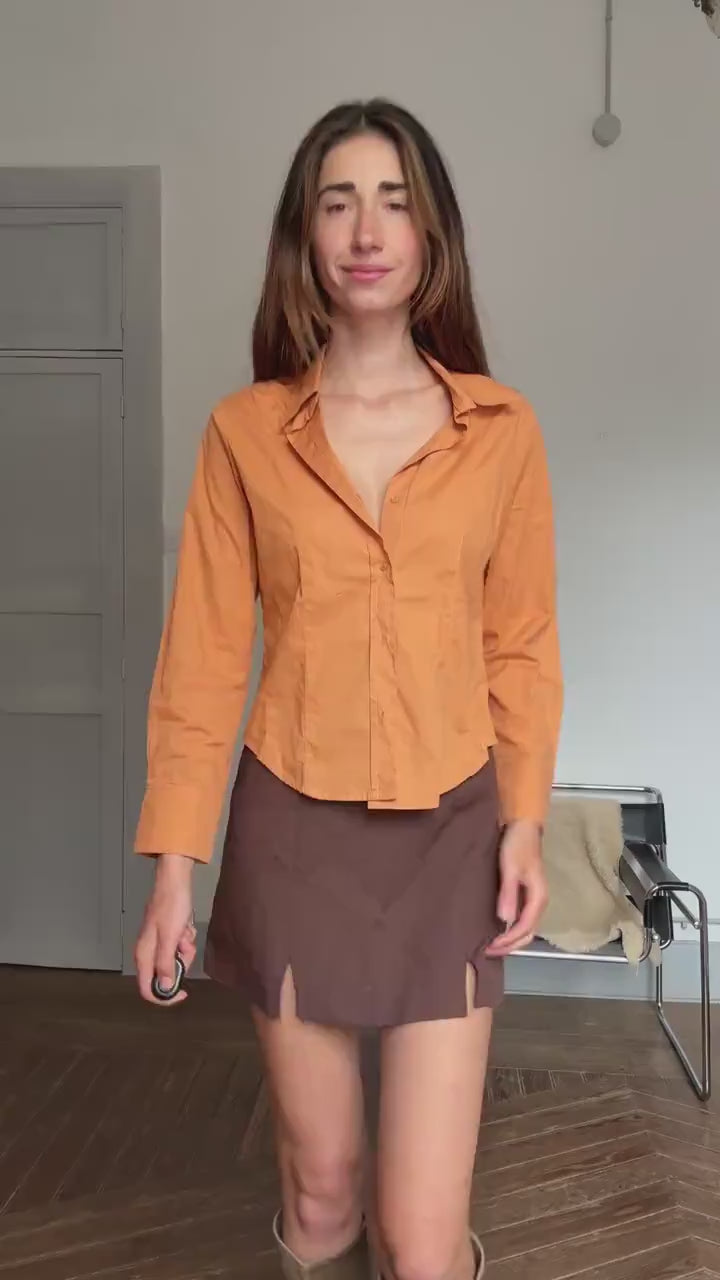 Y2K vintage orange button-down shirt – cotton stretch long sleeve top with tie front styling option (fits S-M)