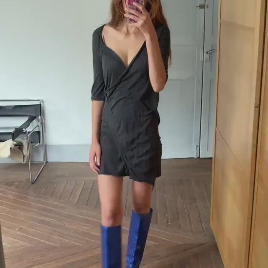 Vintage Humanoid Black Cotton Wrap Dress – Minimalist Sheer Summer Dress with Deep V Neckline – Italian Y2K Resort Wear (Size S)