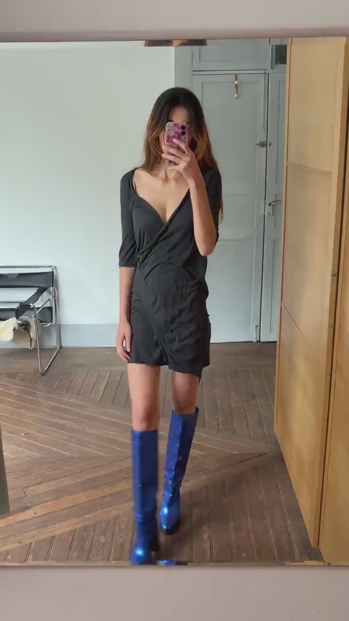 Vintage Humanoid Black Cotton Wrap Dress – Minimalist Sheer Summer Dress with Deep V Neckline – Italian Y2K Resort Wear (Size S)